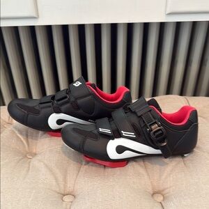 Peloton Black and Red Clip Cycling Shoes with Velcro Strap and Stiff Sole